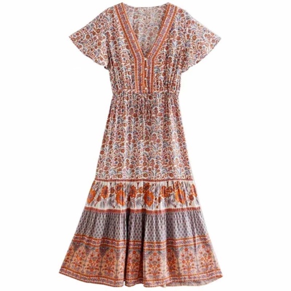 boho floral print v neck button ruffle miDI dress - Picture 5 of 14